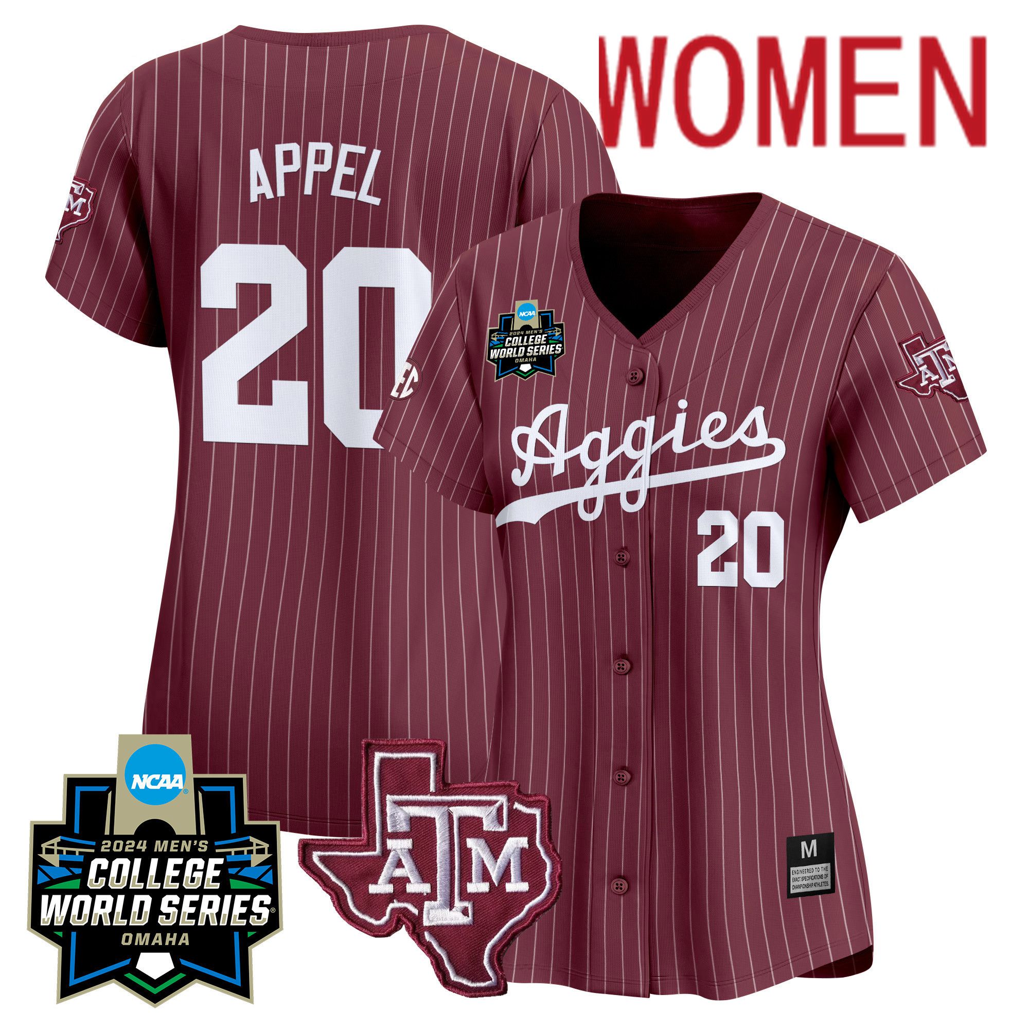 Women Texas A&M Aggies #20 Appel Red Stripe 2024 College World Series Vapor Premier Limited NCAA Jersey